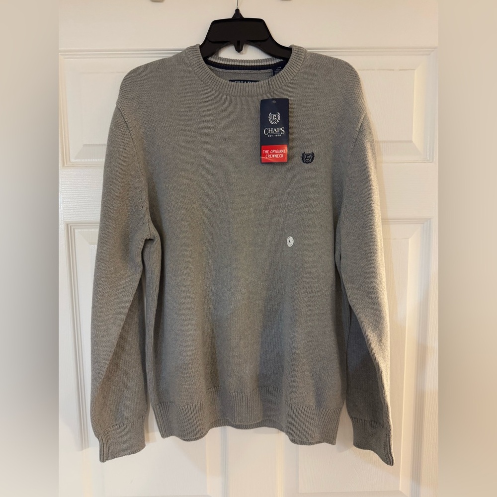 Chaps Sweater Men's Large Long Gray Cotton Knit Crewneck Pullover - New!